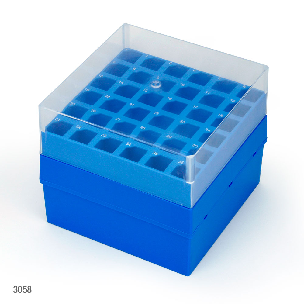 Globe Scientific Storage Box with Lid for 15mL Centrifuge Tubes, 36-Place (6x6), PP, Blue Base & Clear Lid, 4 Boxes/Carton Storge Boxes; Plastic Boxes; 15mL Tube box; 50mL tube box